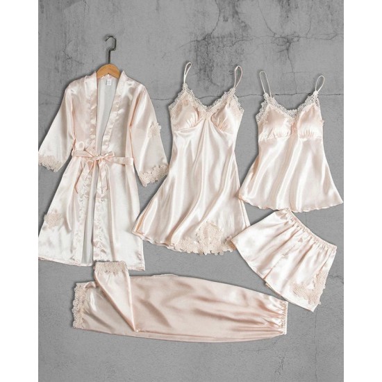 Pijama sexy satin 5 piese Crem -pjm374 Lichidare de stoc