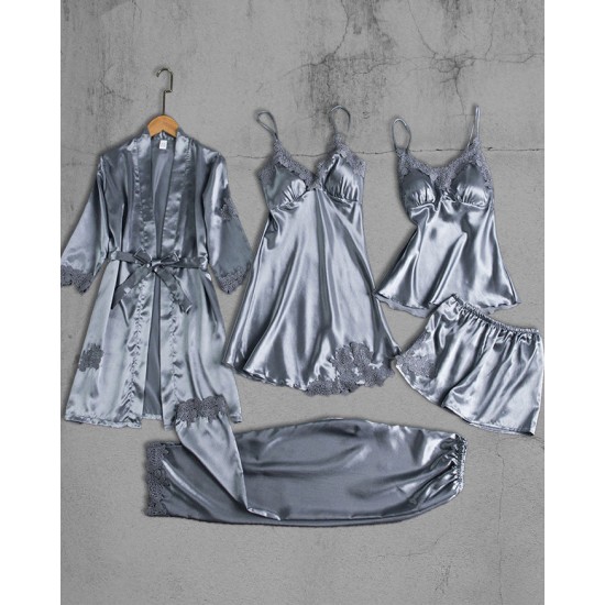 Pijama sexy satin 5 piese Gri -pjm373 Lichidare de stoc