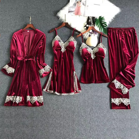 Pijama 4 Piese din Catifea Visiniu -pjm376 Lichidare de stoc