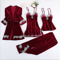 Pijama 4 Piese din Catifea Visiniu -pjm376