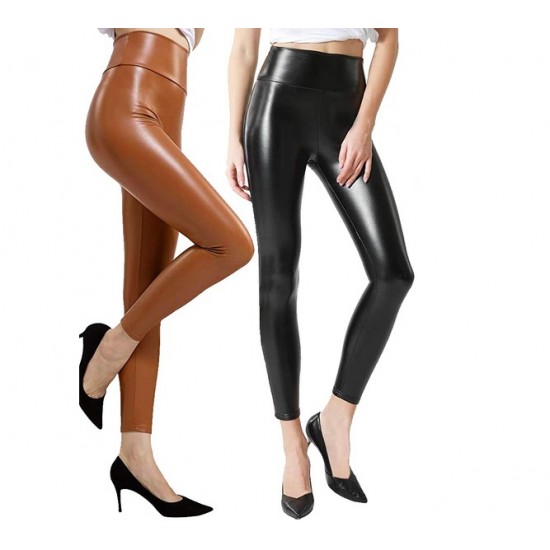SET: Pantalon imitatie vizuala piele cu buzunare - Negru + Colant colorat, imitatie vizuala piele fara buzunare Lichidare de stoc