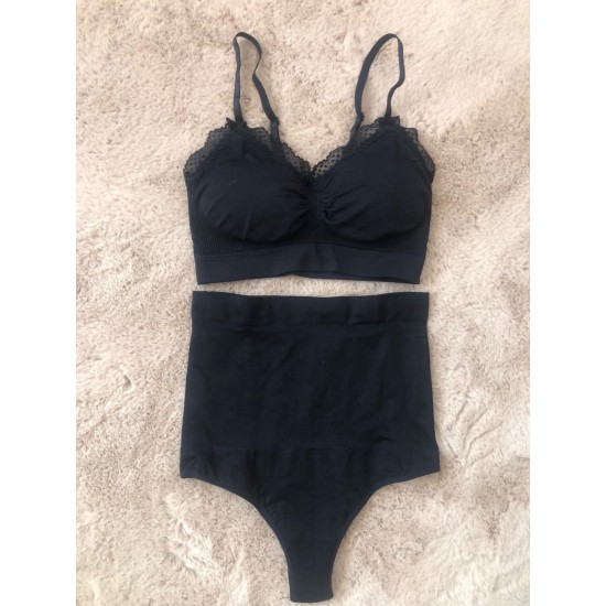 Set: Bustiera cupa burete si bretele reglabile + chilot talie inalta si banda silicon antialunecare