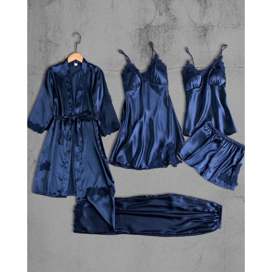 Pijama sexy Satin 5 piese Albastru -pjm372 Lichidare de stoc