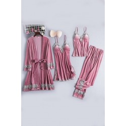 Pijama 4 Piese din Catifea Roz -pjm375