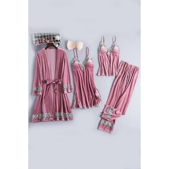 Pijama 4 Piese din Catifea Roz -pjm375 Lichidare de stoc