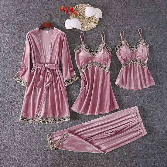 Pijama 4 Piese din Catifea Roz -pjm375 Lichidare de stoc