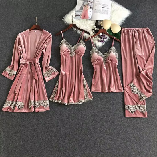 Pijama 4 Piese din Catifea Roz -pjm375 Lichidare de stoc
