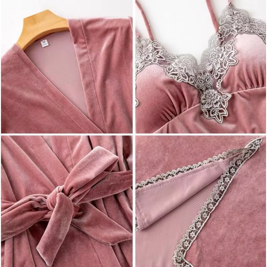 Pijama 4 Piese din Catifea Roz -pjm375 Lichidare de stoc